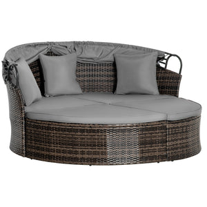 2 Piece Outdoor Rattan Chaise Lounge with Retractable Canopy with Cushions and Pillows, Grey Melange