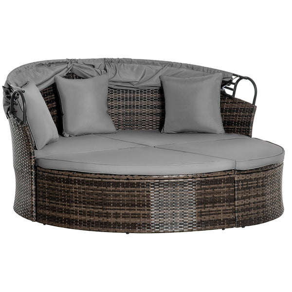 2 Piece Outdoor Rattan Chaise Lounge with Retractable Canopy with Cushions and Pillows, Grey Melange
