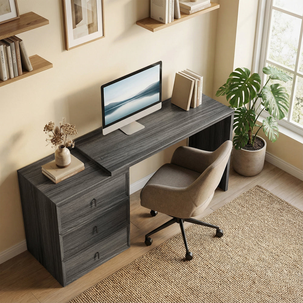 Convertible L-shaped or straight computer desk with 3 drawers and large workspace – Dark gray
