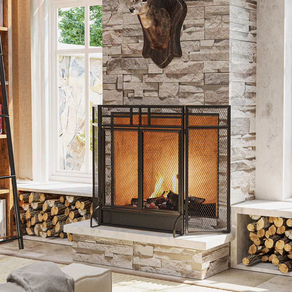 Decorative 3-panel steel mesh fire screen with double doors, black