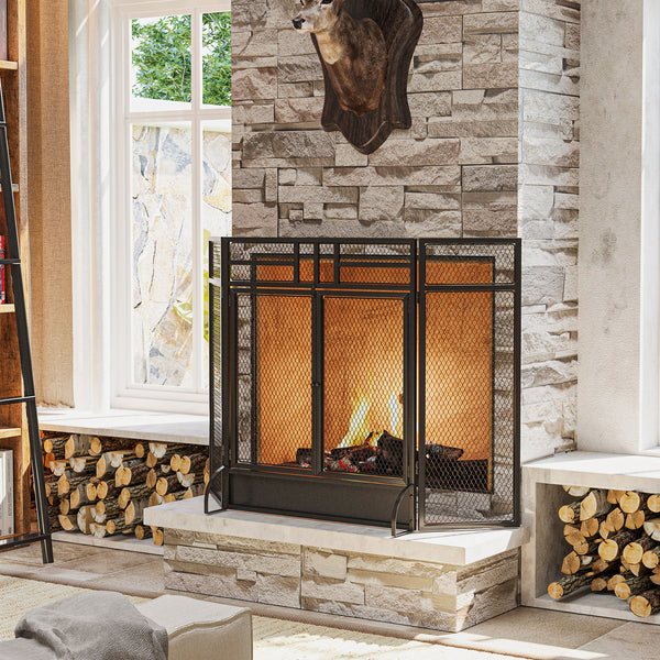 Decorative 3-panel steel mesh fire screen with double doors, black