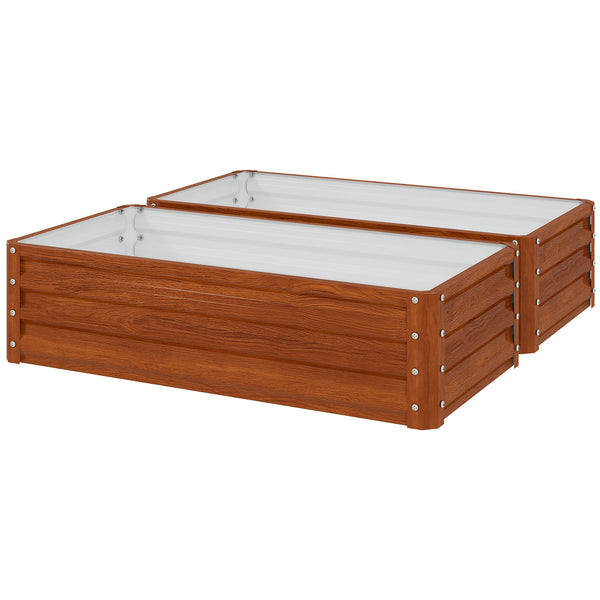 Set of 2 raised planters in galvanized steel, brown wood effect 