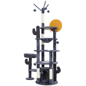 71" Cat Tree with Scratching Posts, Sisal Mat, Condo, Bed, Hammock, Play Balls, Dark Grey