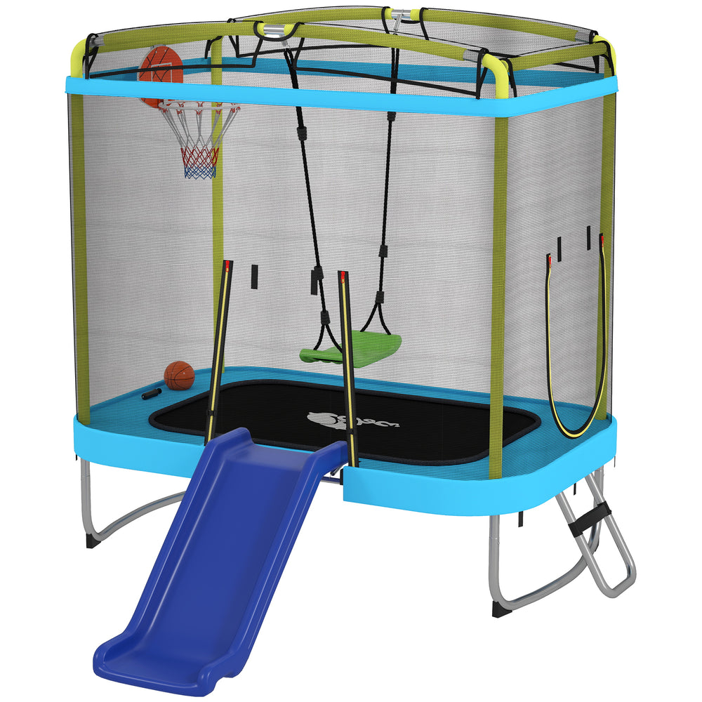 Qaba 70" x 47" Trampoline for Kids Indoor &amp; Outdoor with Slide, Swing, Basketball Hoop and Safety Enclosure, Light Blue