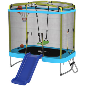 Trampoline with slide, swing, basketball hoop and safety net, light blue 