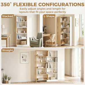5-tier L-shaped bookcase with 350° rotation, two-tone design, fruitwood/white