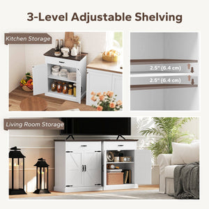 Country style sideboard, with 3 cm thick top, 2 barn doors, drawer and adjustable shelf, white