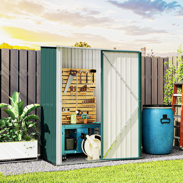 Steel garden shed with single lockable door, green