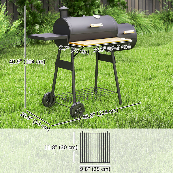 Charcoal BBQ Grill with Offset Smoker Portable Backyard Cooking Smoker, 124 x 53 x 104 cm, Black