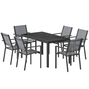 6-Seater Outdoor Dining Set, Metal Wood-Look Patio Table and Stackable Chairs, Black