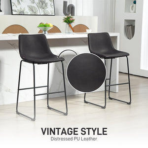 Set of 2 vintage style faux leather bar stools with footrest, dark brown.