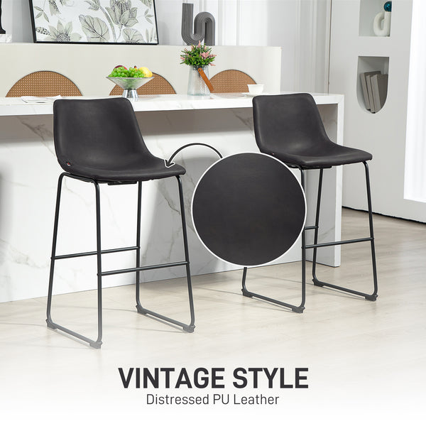 Set of 2 vintage style faux leather bar stools with footrest, dark brown.