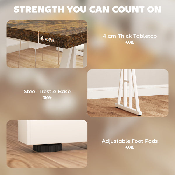 Farmhouse style kitchen table for 8 people, rectangular with thick top and steel trestle legs, brown and white