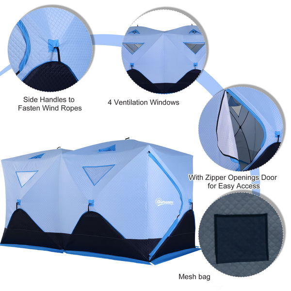 Insulated ice fishing shelter for 8 people with ventilation windows and carry bag, for temperatures down to -30°C, blue
