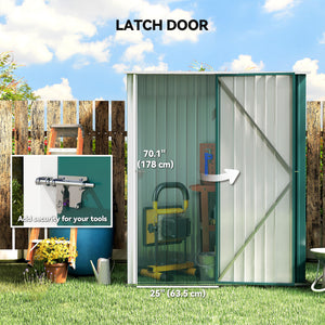 Steel garden shed with single lockable door, green
