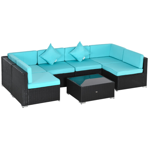 7 Piece Wicker Patio Sofa Set, Sectional Garden Furniture, Dark Coffee and Light Blue