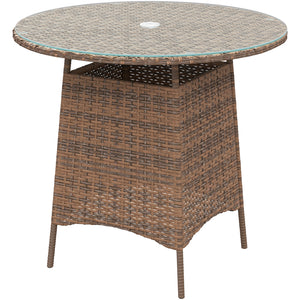 Round garden table with parasol hole and tempered glass top, brown