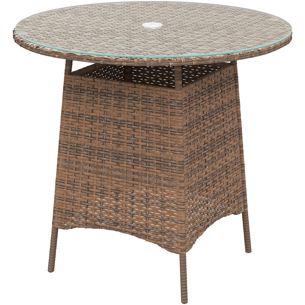 Round garden table with parasol hole and tempered glass top, brown