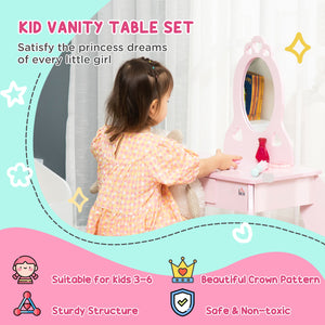 Children's dressing table with mirror and stool, pink
