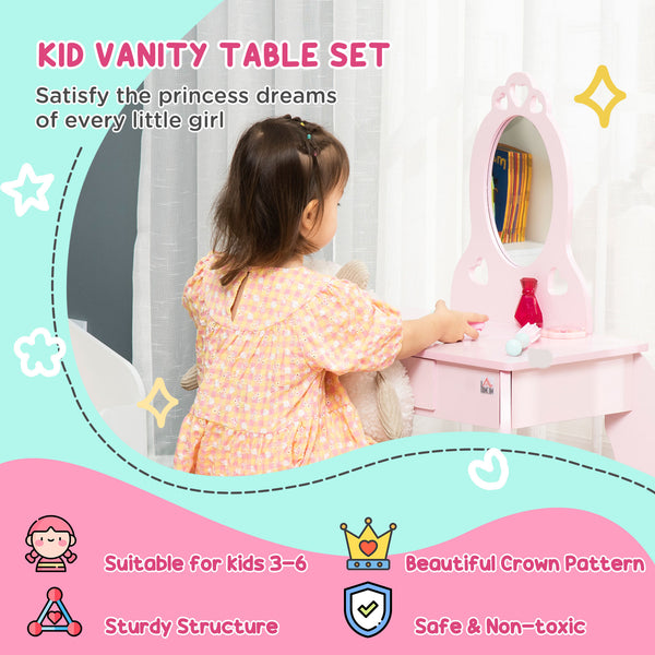 Children's dressing table with mirror and stool, pink