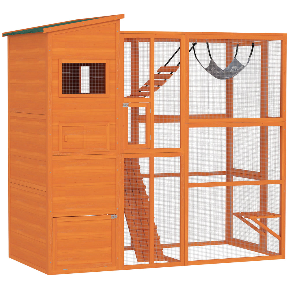 Cat enclosure with condo, jumping platforms, ladder, ramps and hammock, orange