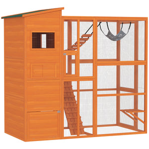 Cat enclosure with condo, jumping platforms, ladder, ramps and hammock, orange