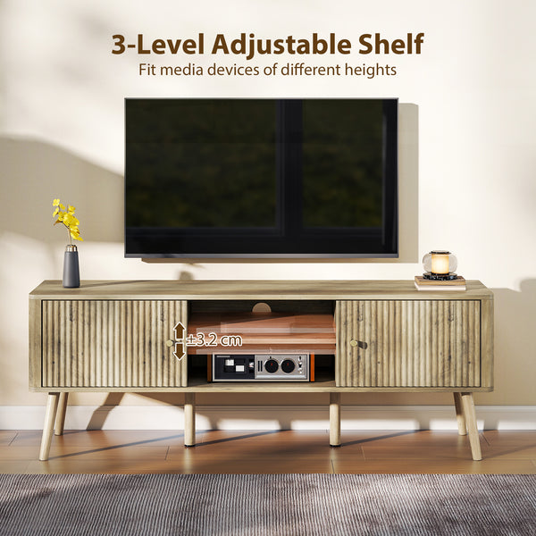 65-inch TV stand with adjustable shelves and pine, oak legs
