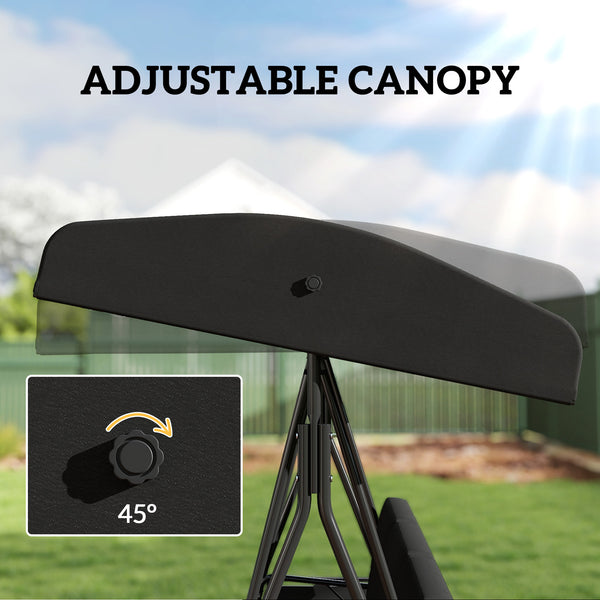 3-Seat Outdoor Porch Swing Patio Swing with Adjustable Canopy, Side Tray, Removable Cushion for Garden, Poolside, Black