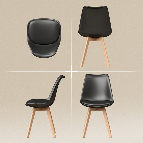 Set of 6 modern rubberwood dining chairs with PU leather cushions - Black