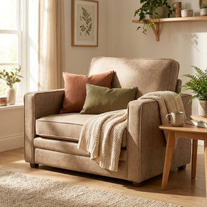 Occasional armchair in velvet-effect fabric with a wide seat, spring cushion, solid wood legs, brown