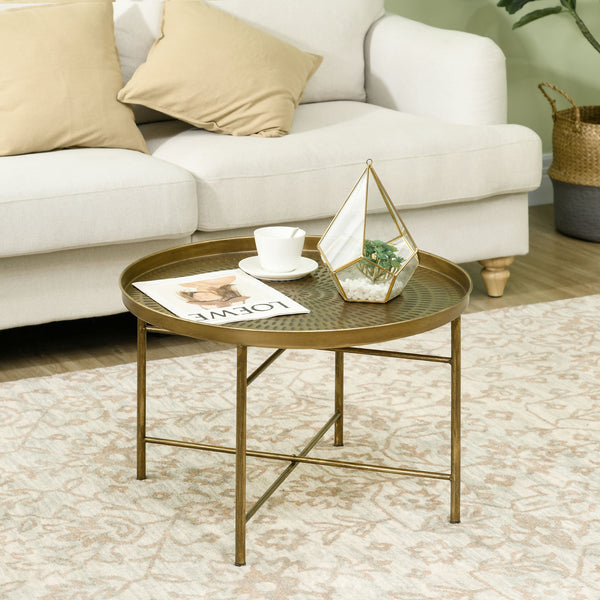 Vintage round coffee table with hammered top and metal frame, Gold