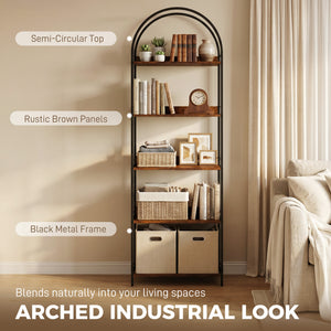 5-tier arched bookshelf with metal frame – Rustic brown and black