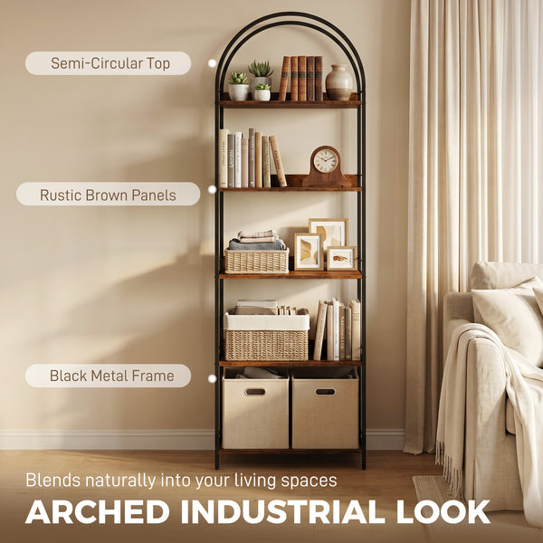 5-tier arched bookshelf with metal frame – Rustic brown and black