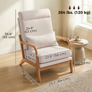 Fauteuil d'appoint moderne en lin avec coussin lombaire, dossier haut, assise large, coussin épais, structure en bois massif, blanc crème