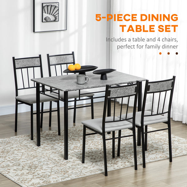 5-Piece Dining Set for 4, with Marble-Effect Top, Upholstered Chairs and Grey Metal Frame.