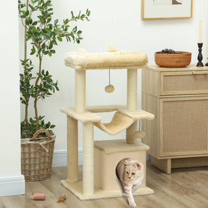 39" Multi-Level Cat Tree with Scratching Post, Hammock, Bed, Ball &amp; Toy - Beige