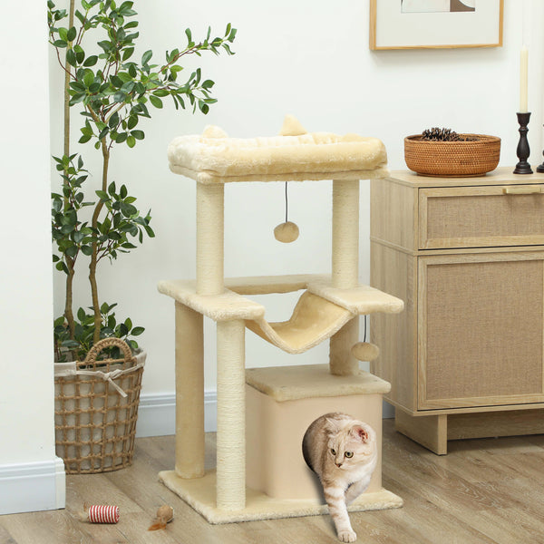 39" Multi-Level Cat Tree with Scratching Post, Hammock, Bed, Ball &amp; Toy - Beige