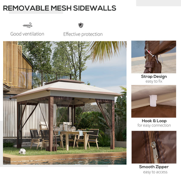 12' x 12' Pop Up Instant Folding Gazebo with Mesh Sidewalls, 3-Level Adjustable Height and Storage Bag, Beige