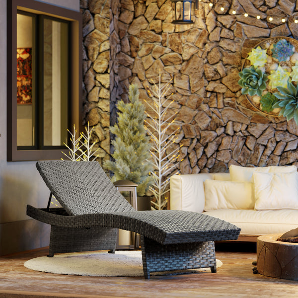 Folding wicker chaise lounge with 4-position adjustable backrest, grey