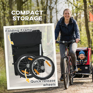 Child bike trailer with 5-point harness, 16-inch rubber wheels, storage bag, from 18 months, red.