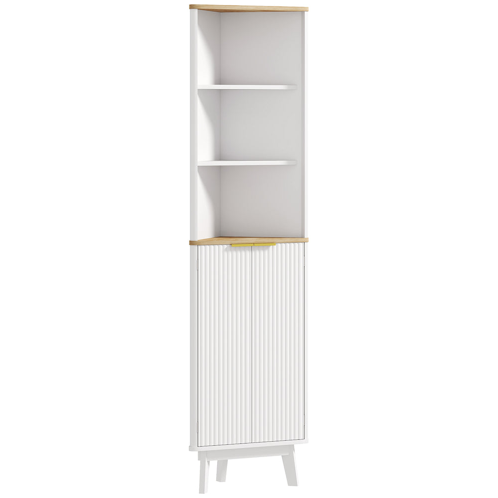 Bathroom cabinet 170 cm high, narrow storage unit with curved profile and adjustable shelves, white