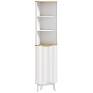 Bathroom cabinet 170 cm high, narrow storage unit with curved profile and adjustable shelves, white