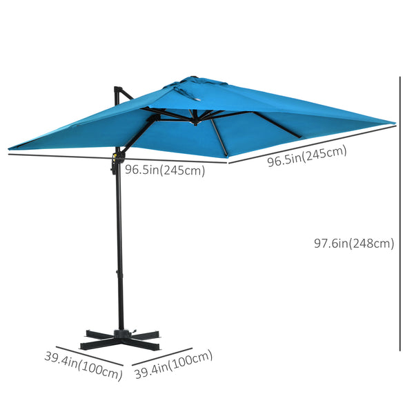8-foot square cantilever parasol with 360° rotation, made of aluminum, turquoise