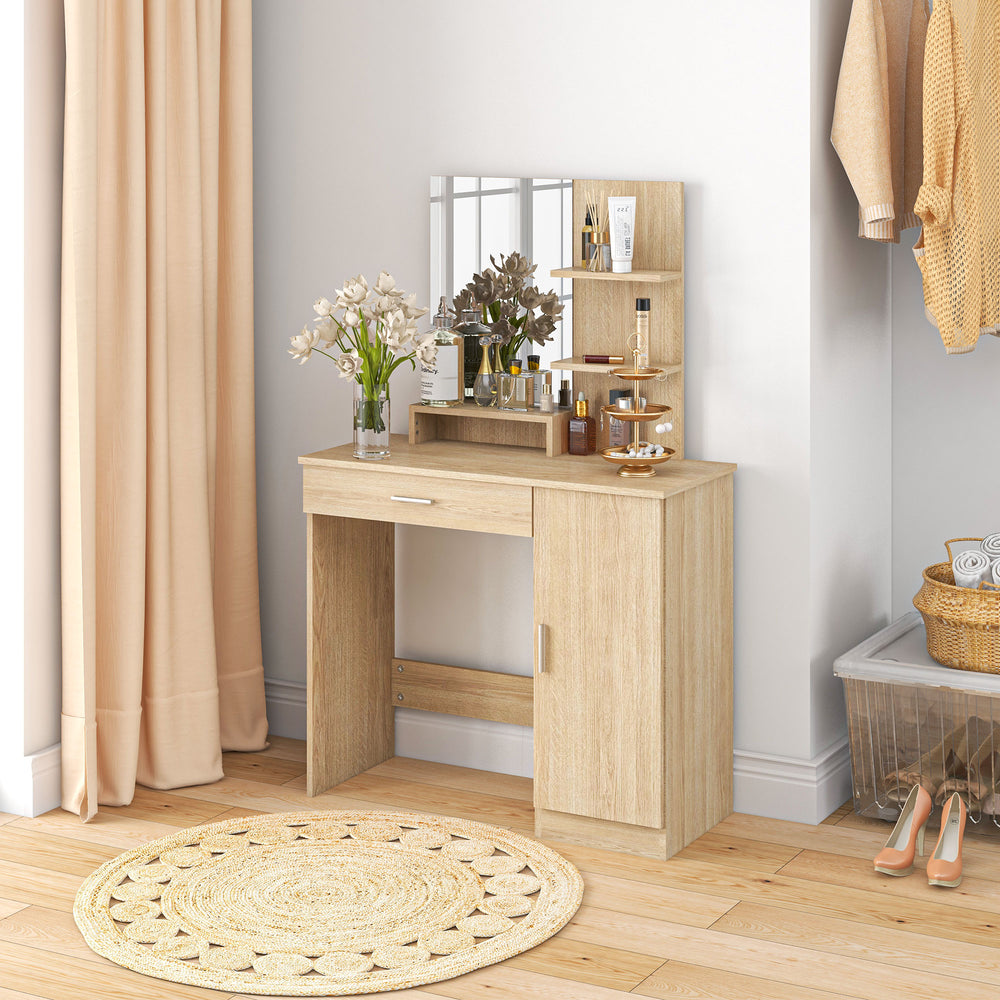 Dressing table with mirror, drawer and open compartment, natural wood