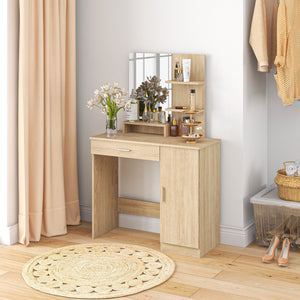 Dressing table with mirror, drawer and open compartment, natural wood