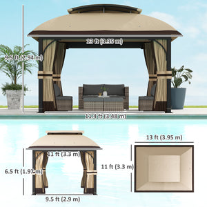 11' x 13' Gazebo, Double Roof, with Mosquito Netting and Curtains, Galvanized Metal Frame, Khaki