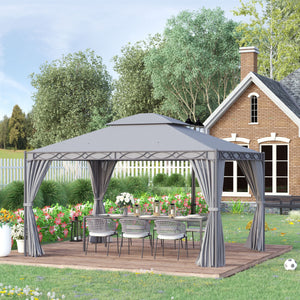 10'x13' Two-Tier Steel Covered Gazebo with Curtain, Gray