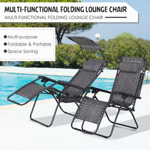 Set of 2 Outdoor Zero Gravity Chairs with Side Tray and Cup Holder, Reclining Lounge Chair with Breathable Mesh Fabric Seat, Pillow, Dark Grey