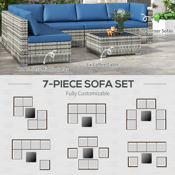 Modular 7-piece garden set in woven resin with coffee table, blue