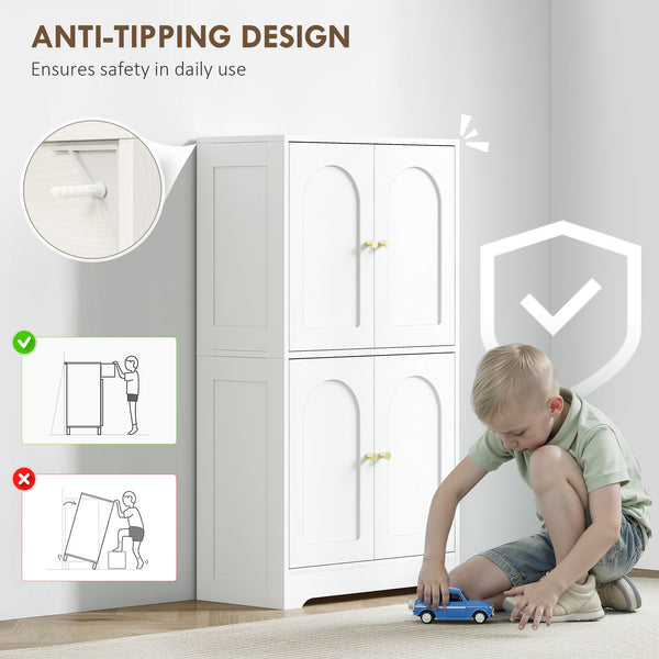 Modern, freestanding storage unit with 4 arched doors and 2 adjustable shelves, white